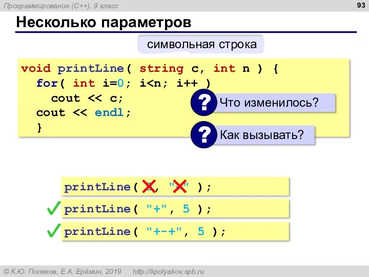 Несколько параметров void printLine( string c, int n ) {