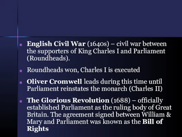 English Civil War (1640s) – civil war between the supporters
