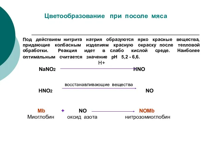 Цветообразование при посоле мяса Под действием нитрита натрия образуются ярко