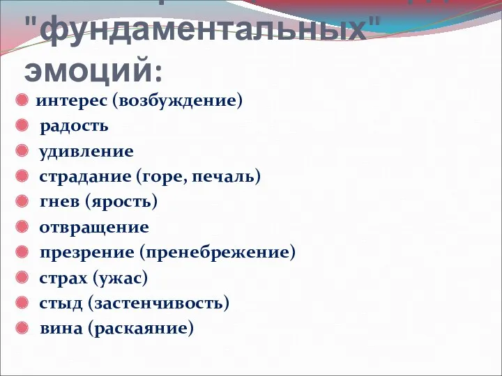 Классификация К. Изарда "фундаментальных" эмоций: интерес (возбуждение) радость удивление страдание