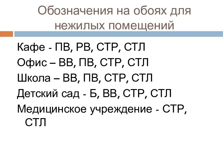 Обозначения на обоях для нежилых помещений Кафе - ПВ, РВ,