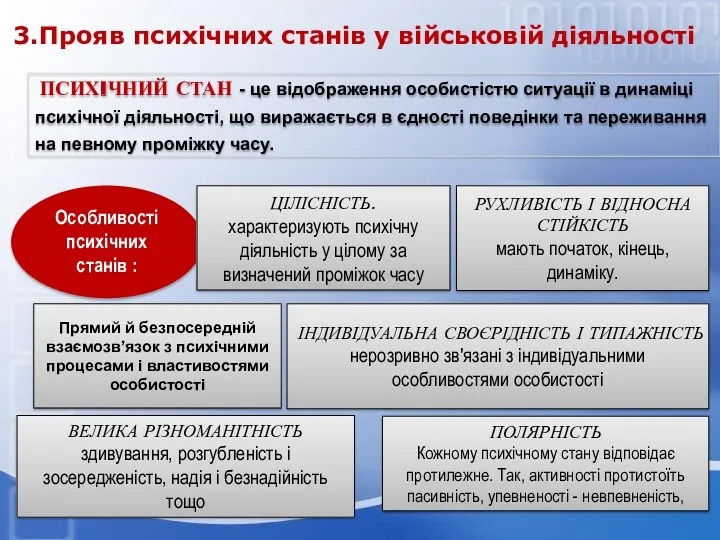 3.Прояв психічних станів у військовій діяльності Особливості психічних станів :