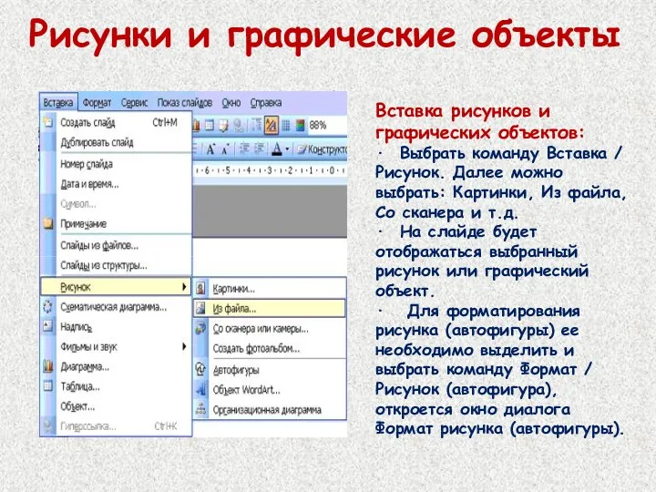 Рисунки и графические объекты Вставка рисунков и графических объектов: ·