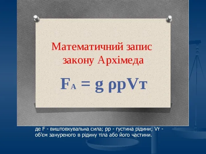 де F - виштовхувальна сила; pp - густина рідини; Vт