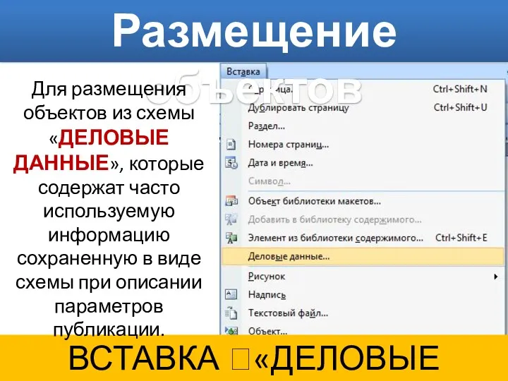 Размещение объектов ВСТАВКА ?«ДЕЛОВЫЕ ДАННЫЕ» Для размещения объектов из схемы