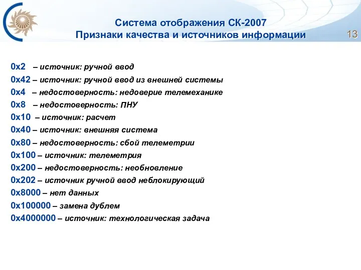 Система отображения СК-2007 Признаки качества и источников информации 0х2 –