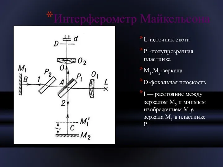 Интерферометр Майкельсона L-источник света Р1-полупрозрачная пластинка M1,М2-зеркала D-фокальная плоскость l