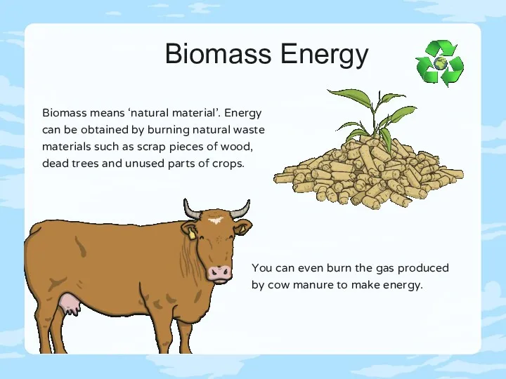 Biomass Energy Biomass means ‘natural material’. Energy can be obtained