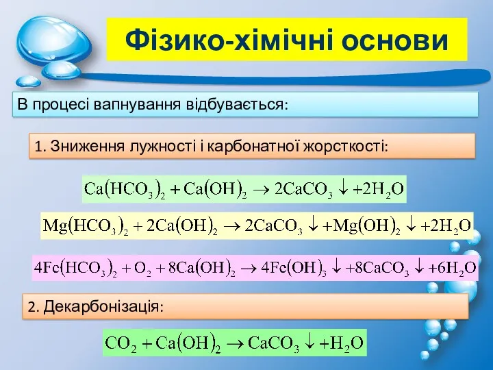 В процесі вапнування відбувається: 1. Зниження лужності і карбонатної жорсткості: 2. Декарбонізація: Фізико-хімічні основи