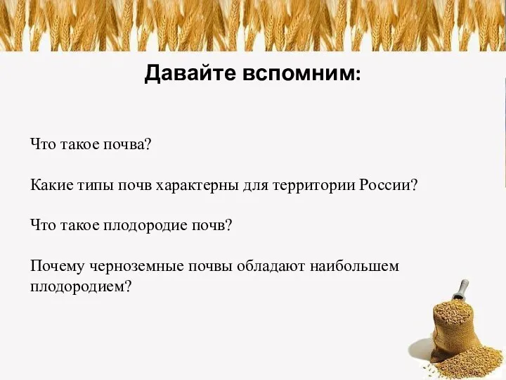 Давайте вспомним: Что такое почва? Какие типы почв характерны для