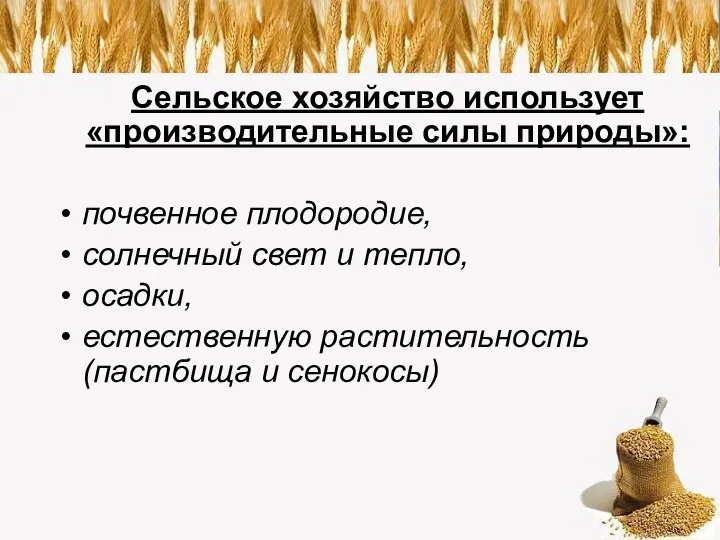 Сельское хозяйство использует «производительные силы природы»: почвенное плодородие, солнечный свет