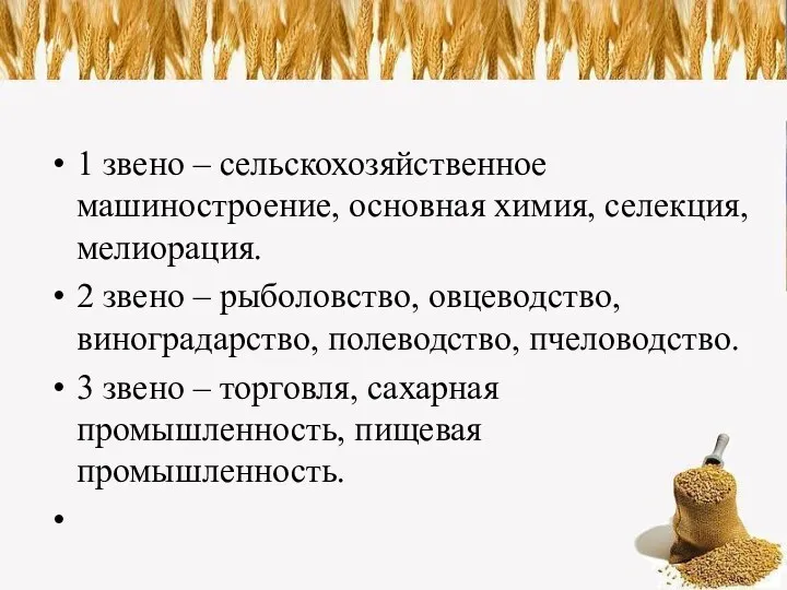 1 звено – сельскохозяйственное машиностроение, основная химия, селекция, мелиорация. 2