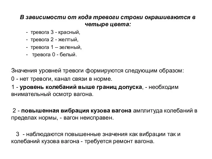 В зависимости от кода тревоги строки окрашиваются в четыре цвета: