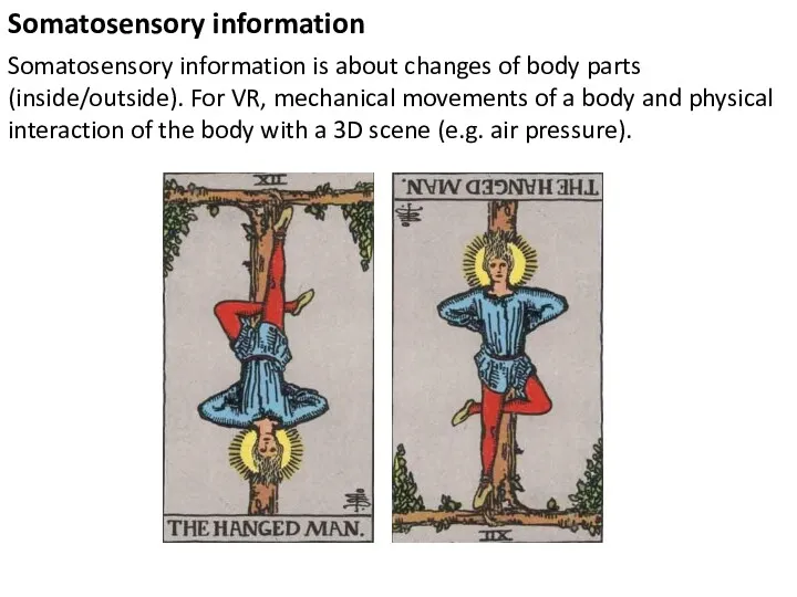 Somatosensory information Somatosensory information is about changes of body parts (inside/outside). For VR,