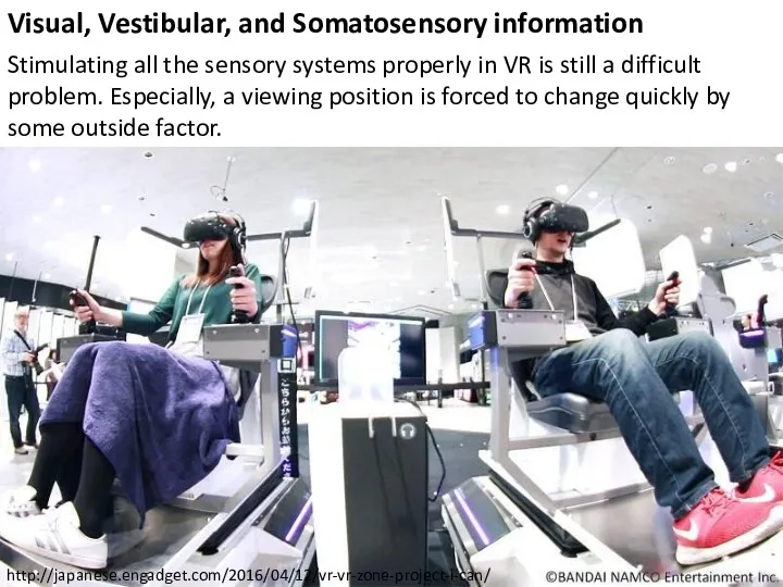 Visual, Vestibular, and Somatosensory information http://japanese.engadget.com/2016/04/12/vr-vr-zone-project-i-can/ Stimulating all the sensory systems properly in