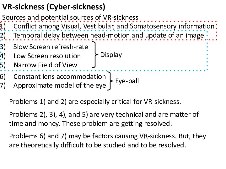 Display Eye-ball Sources and potential sources of VR-sickness Conflict among Visual, Vestibular, and