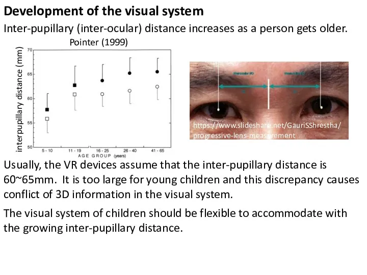 Development of the visual system interpupillary distance (mm) Pointer (1999) https://www.slideshare.net/GauriSShrestha/progressive-lens-measurement Usually, the