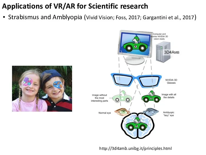 Applications of VR/AR for Scientific research Strabismus and Amblyopia (Vivid Vision; Foss, 2017;