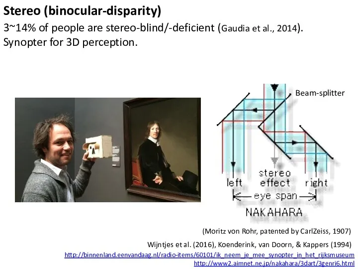 Stereo (binocular-disparity) 3~14% of people are stereo-blind/-deficient (Gaudia et al., 2014). Synopter for