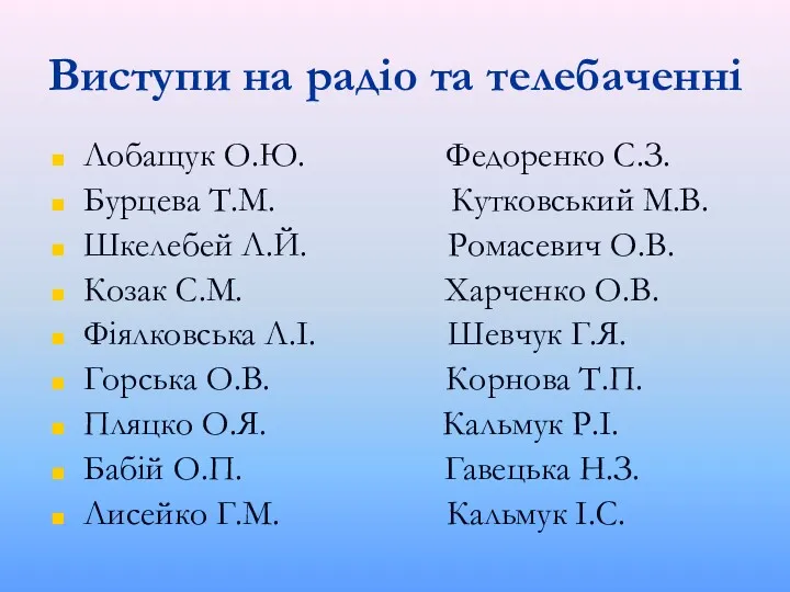 Виступи на радіо та телебаченні Лобащук О.Ю. Федоренко С.З. Бурцева