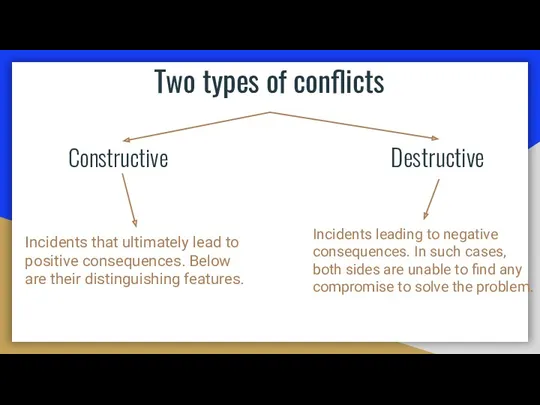 Two types of conflicts Constructive Destructive Incidents that ultimately lead