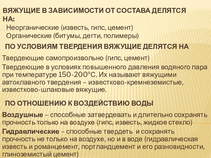 Воздушные – способные затвердевать и длительно сохранять прочность только на