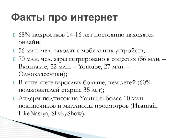 Факты про интернет 68% подростков 14-16 лет постоянно находятся онлайн;