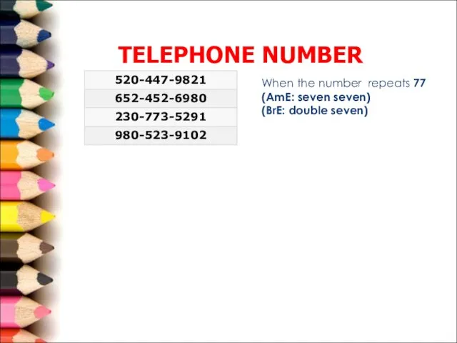 TELEPHONE NUMBER When the number repeats 77 (AmE: seven seven) (BrE: double seven)