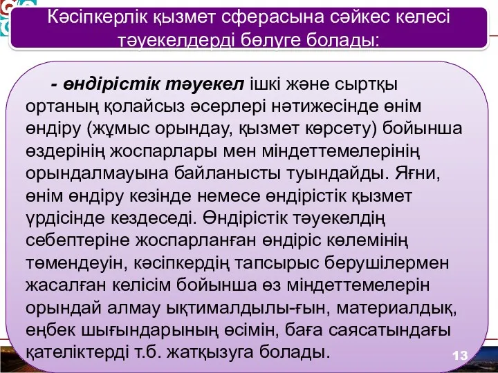 Кәсіпкерлік қызмет сферасына сәйкес келесі тәуекелдерді бөлуге болады: - өндірістік