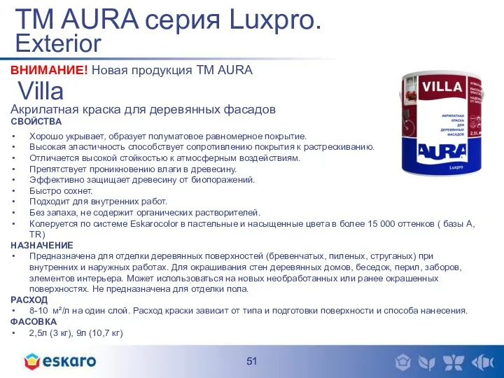 ВНИМАНИЕ! Новая продукция ТМ AURA Villa Акрилатная краска для деревянных