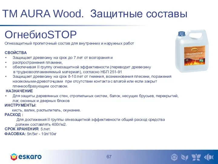 TM AURA Wood. Защитные составы ОгнебиоSTOP Огнезащитный пропиточный состав для