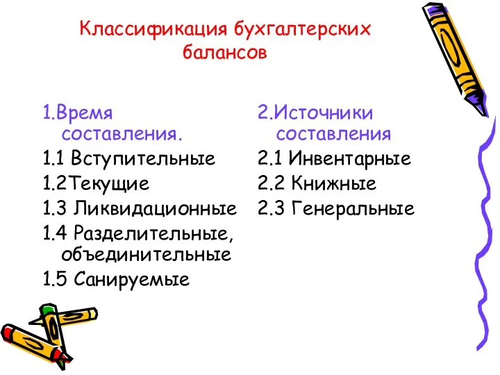 Классификация бухгалтерских балансов 1.Время составления. 1.1 Вступительные 1.2Текущие 1.3 Ликвидационные