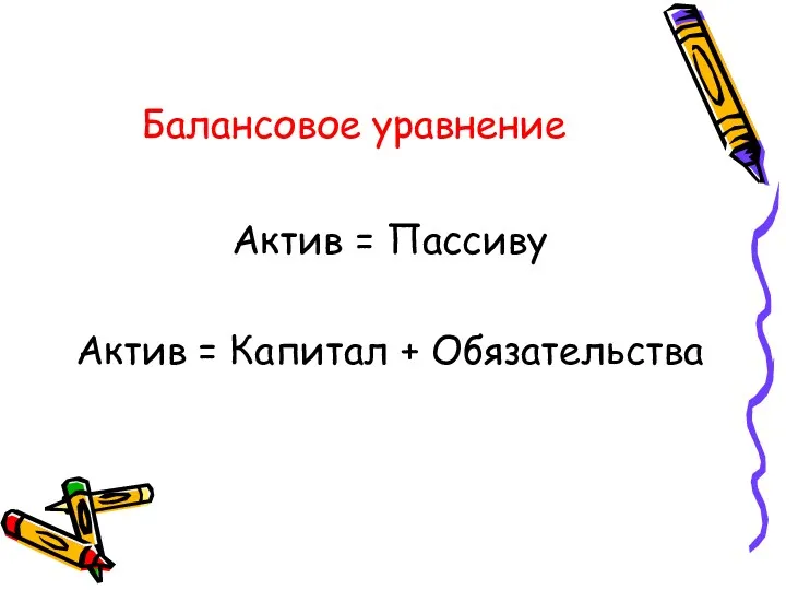 Балансовое уравнение Актив = Пассиву Актив = Капитал + Обязательства