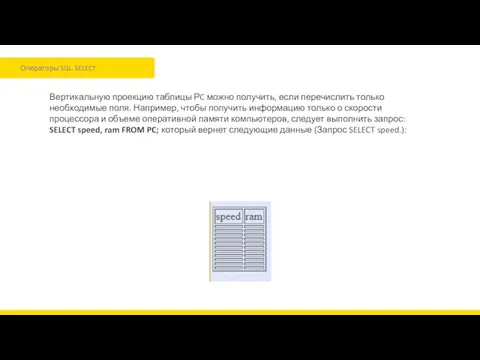 Операторы SQL. SELECT Вертикальную проекцию таблицы РC можно получить, если