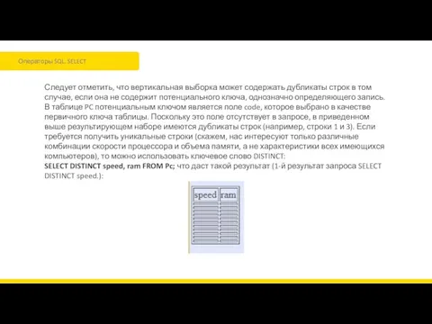 Операторы SQL. SELECT Следует отметить, что вертикальная выборка может содержать