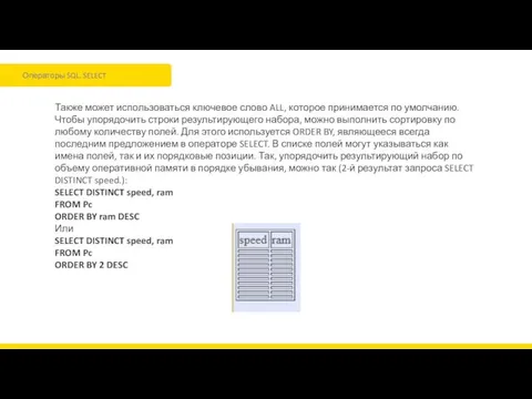 Операторы SQL. SELECT Также может использоваться ключевое слово ALL, которое
