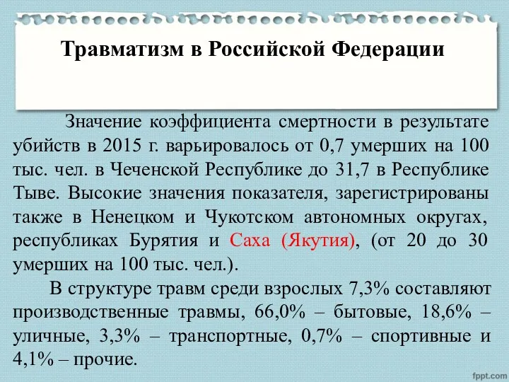 Травматизм в Российской Федерации Значение коэффициента смертности в результате убийств