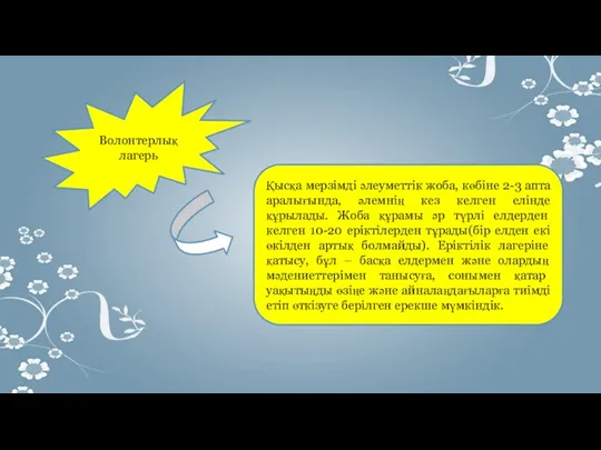 Волонтерлық лагерь Қысқа мерзімді әлеуметтік жоба, көбіне 2-3 апта аралығында,