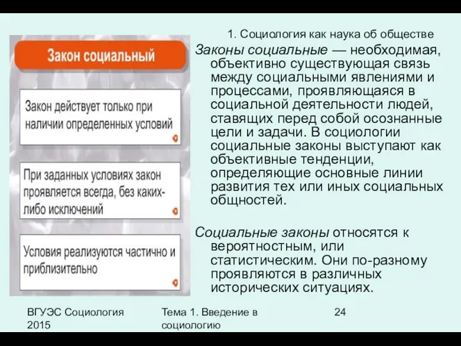 ВГУЭС Социология 2015 Тема 1. Введение в социологию Законы социальные