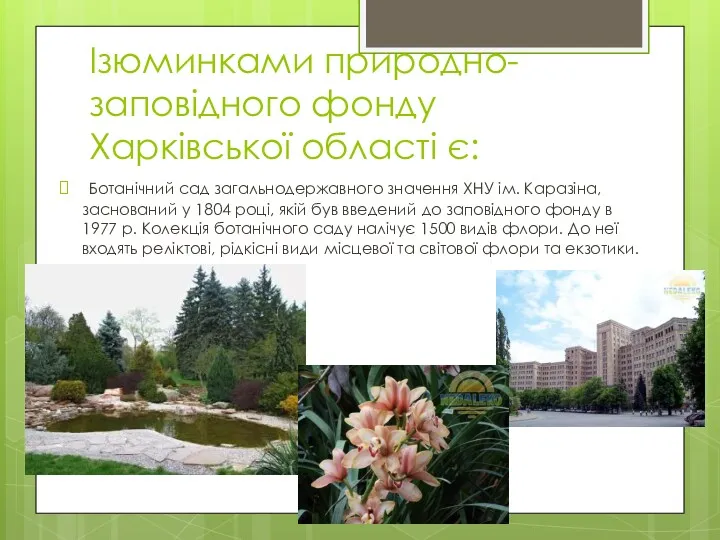 Ізюминками природно-заповідного фонду Харківської області є: Ботанічний сад загальнодержавного значення ХНУ ім. Каразіна,