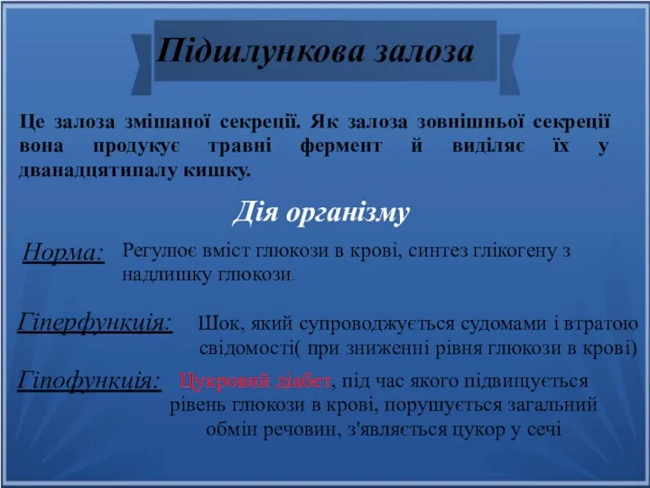 Це залоза змішаної секреції. Як залоза зовнішньої секреції вона продукує травні фермент й