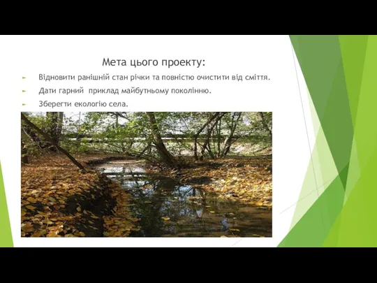 Мета цього проекту: Відновити ранішній стан річки та повністю очистити