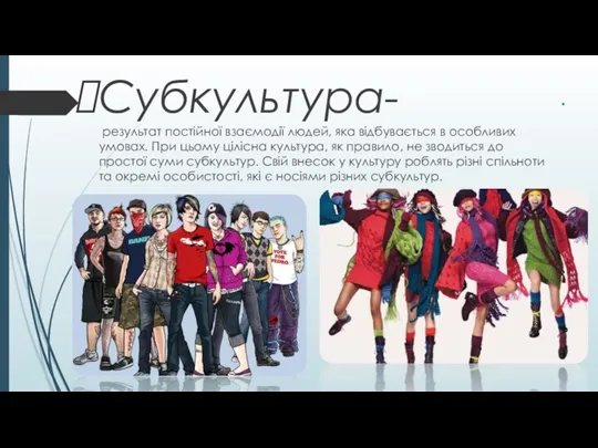 . Субкультура- результат постійної взаємодії людей, яка відбувається в особливих