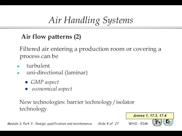 Air flow patterns (2) Filtered air entering a production room