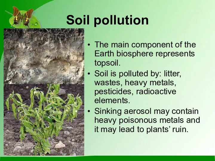 Soil pollution The main component of the Earth biosphere represents