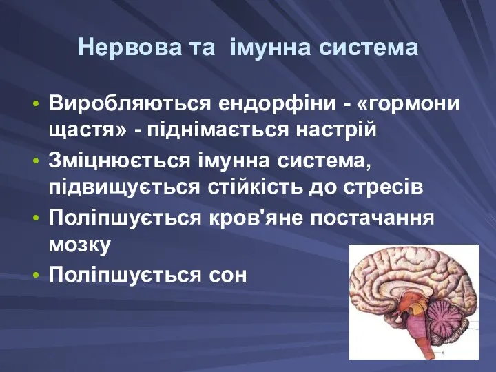 Нервова та імунна система Виробляються ендорфіни - «гормони щастя» -