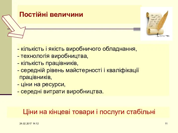 Постійні величини Ціни на кінцеві товари і послуги стабільні кількість