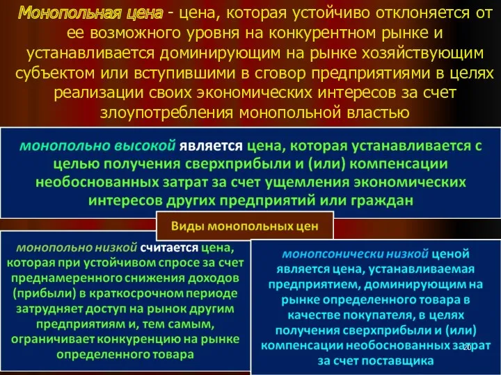 Монопольная цена - цена, которая устойчиво отклоняется от ее возможного