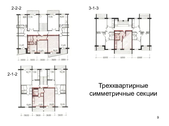 Трехквартирные симметричные секции 2-2-2 3-1-3 2-1-2