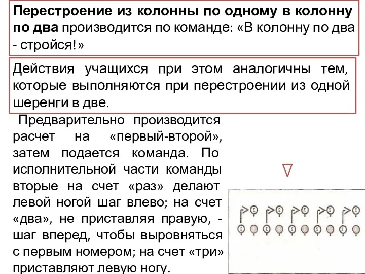 Перестроение из колонны по одному в колонну по два производится